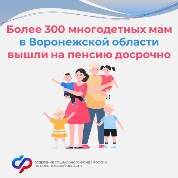 Более 300 многодетных мам в Воронежской области вышли на пенсию досрочно. Более 300 многодетных мам в Воронежской области вышли на пенсию досрочно.